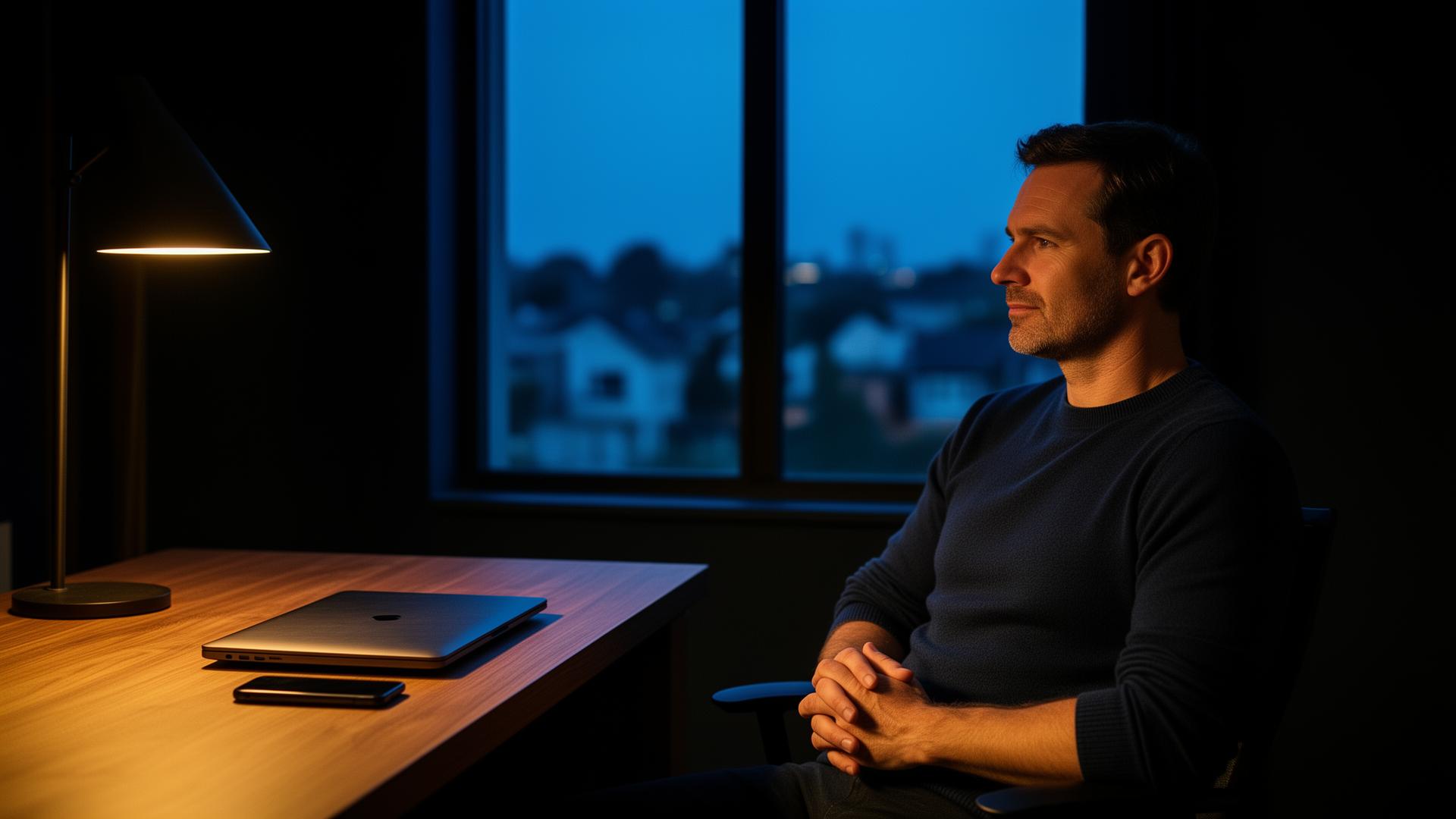 Ondernemer die rustig nadenkt aan zijn bureau in avondlicht