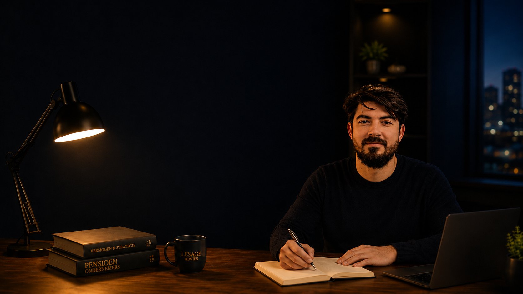 Ondernemer die rustig nadenkt aan zijn bureau in avondlicht